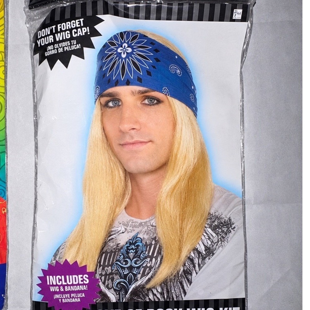 Love of Rock Wig Kit 80s Glam Metal Blonde Wig and Blue Bandana 2pc Set